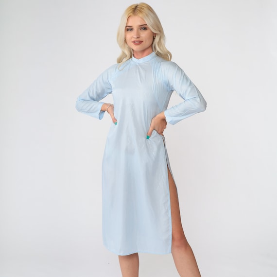 Ao Dai Dress 90s Vietnamese Baby Blue Midi Dress Coffee Barista Mandarin Collar Asian High Slit Long Sleeve Vintage 1990s Extra Small xs