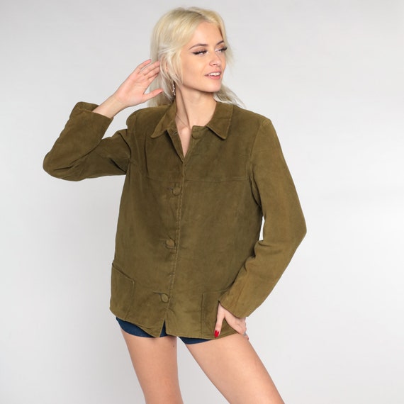 Faux Suede Shirt 70s Olive Green Button up Shirt … - image 2