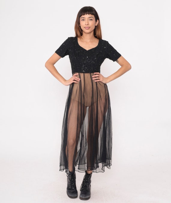 Chiffon Beaded Dress Sheer Black Dress 80s Party … - image 4