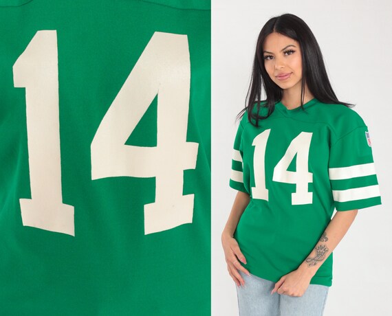 80s Football Shirt Numbered 14 T-Shirt Philadelphia Eagles Green Sports Tshirt Athletic Retro NFL Graphic Single Stitch Vintage 1980s Small
