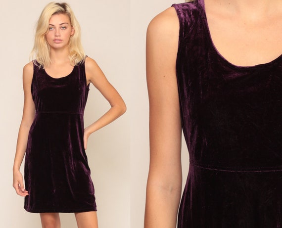 Purple Velvet Dress Velvet Mini 90s Party Grunge Sleeveless 1990s Cocktail Goth Vintage High Waist Minidress Medium Large