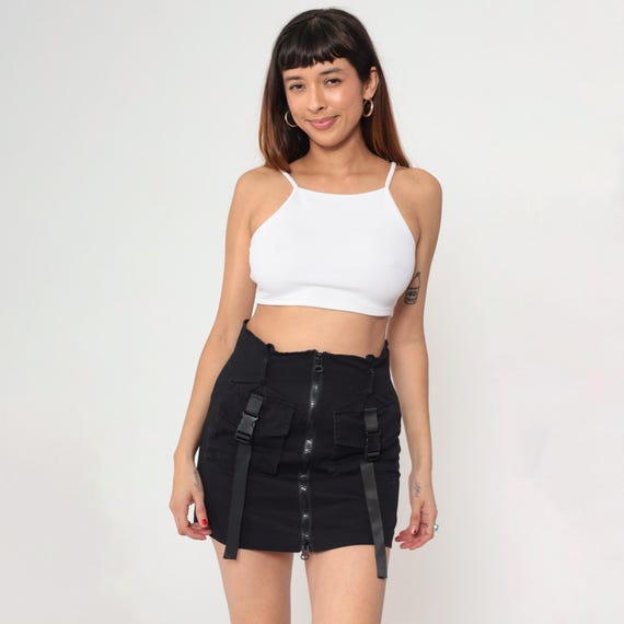 Y2K Black Bondage Utility Skirt Vintage Bodycon Mini Skirt 00s High Waisted Miniskirt Front Zip Up Tight Plain Pocket Small S