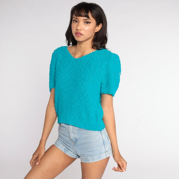 Knit Puff Sleeve Top 80s Turquoise Shirt Boho Sho… - image 3
