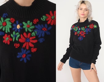 Embroidered Floral Sweater 90s Black Knit Sweater Boho Sweater 1990s Pullover Vintage Esprit Cotton Small Medium