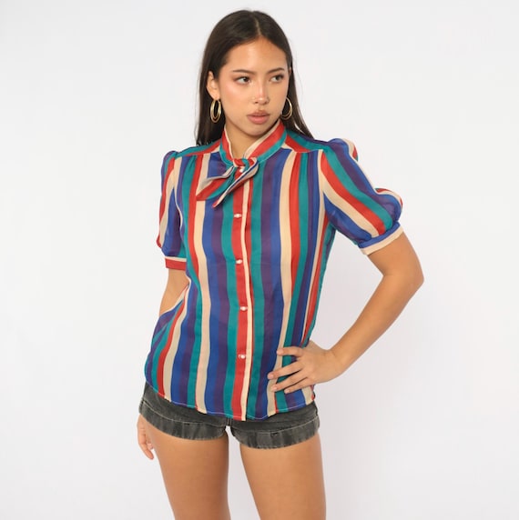 80s Cobalt Striped Blouse Puff Sleeve Bow Tie Neck Sheer Button Front Top Blue Red Purple Vertical Stripe Secretary Shirt Vintage Medium M