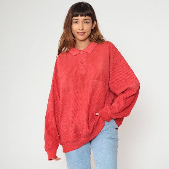 Red Polo Shirt 90s Plus Size Mens Unisex Collared Ribbed Knit Arms Hip Length Grandpacore Preppy Casual Top Vintage Extra Extra Large XXL