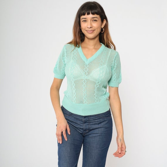80s Sheer Sweater Top Openwork Knit Shirt Boho Open Weave Short Sleeve Blouse Cutout Pastel Aqua 1980s Retro Vintage V Neck Extra Small xs
