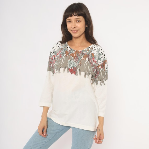 Safari Animal Print Top 90s Jungle Rhinoceros Monkey Giraffe Elephant Tropical Cream Wildlife Nature Scoop Neck Pullover Shirt Large L