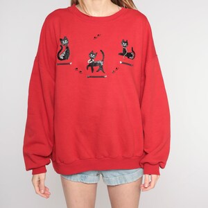 Black Cat Sweatshirt 90s Red Rhinestone Beaded Animal Sweater Sparkly Heart Studs Paw Print Pullover Novelty Print Vintage 1990s 2xl xxl image 7