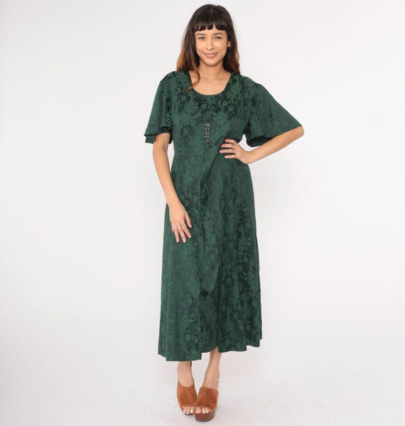 Vintage 90s Floral Jacquard Dress Dark Green Flutter Sleeve Ankle Length Dress Lace Up Back Boho Grunge 1990s Short Sleeve Twofer Large xl