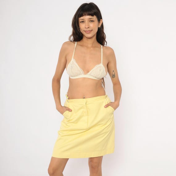 80s Yellow Summer Skirt Mini Green Stripe Waistband Preppy Tennis Collegiate Lemon Beach Vacation Spring Easter Vintage Medium Large ML