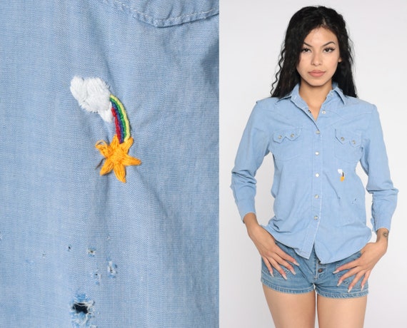 Embroidered Chambray Shirt 70s Western Shirt Rain… - image 1