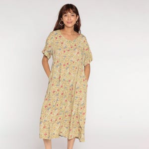 Vintage Floral Grunge Dress 90s Avocado Green Button Up Dress Boho Midi 1990s High Waist Short Sleeve  Scoop Neck Pocket Medium Large