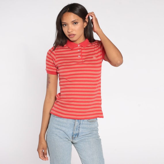 Striped Shirt Polo 80s 90s Red Horse Crest Collared T Shirt 1990s Normcore Collar Vintage Retro Half Button Up Shirt Preppy Tan Small S