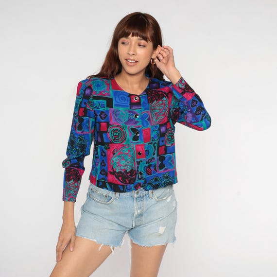 Patchwork Blouse 90s Abstract Print Button Front … - image 3