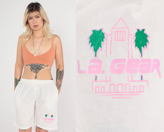 LA Gear Shorts 90s White Beach Shorts Summer Neon Palm Tree High Waisted Retro Vintage 190s Elastic Waist Casual Hipster Medium Large