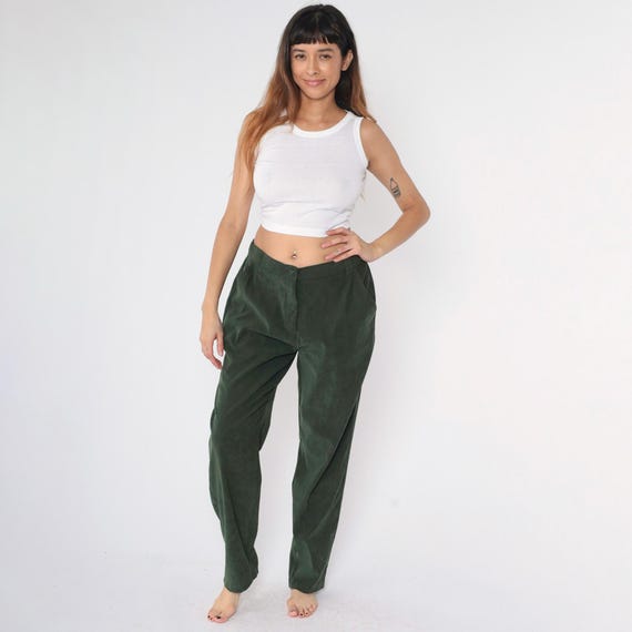 Y2K Green Tapered Trousers Vintage High Waisted Pants Straight Leg Simple Basic Plain Minimalist Slacks 00s Large 33 Waist