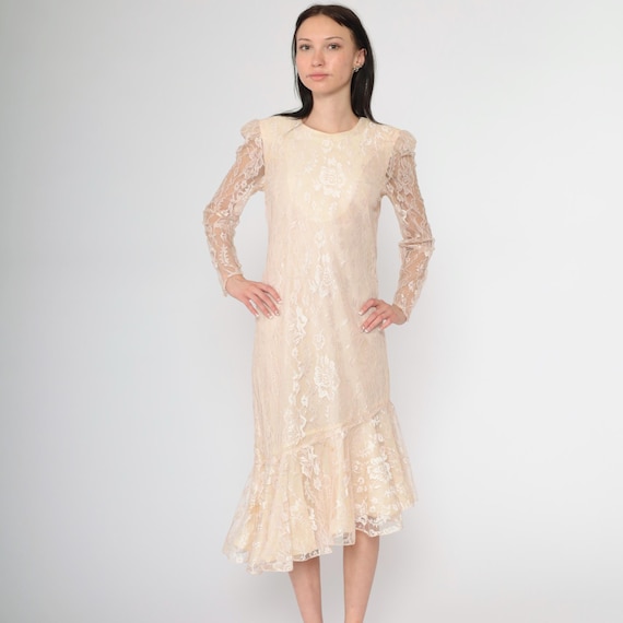 80s Lace Party Dress Peach Keyhole Back Puff Sleeve Dress Asymmetrical Mermaid Hem Prom Dress Sheath Prom Pastel Vintage 1980s Formal Small