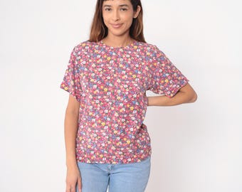 Floral Ditsy Top 90s Blouse Pink White Yellow Blue Short Sleeve Cottagecore Vintage Top Button Back Summer Casual Feminine Garden Small S