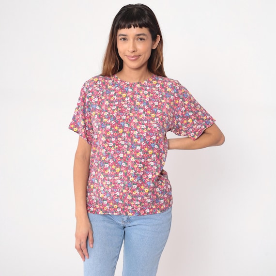 Floral Ditsy Top 90s Blouse Pink White Yellow Blue Short Sleeve Cottagecore Vintage Top Button Back Summer Casual Feminine Garden Small S
