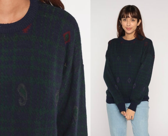 Tartan Sweater 90s Navy Blue Plaid Pullover Knit Sweater Paisley Diamond Print Green Checkered Vintage 1990s Acrylic wool blend Large L