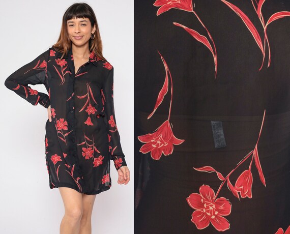 Black Floral Blouse 90s Button Up Shirt Side Slit Micro Mini Dress Red Retro Long Sleeve Top Flower Print Casual Summer 1990s Vintage Small