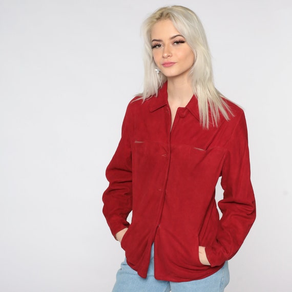 Red Suede Jacket LEATHER Jacket 80s Suede Shirt J… - image 3