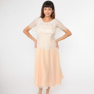 Vintage 70s Peach Dress Sheer Macramé Lace Capelet Chiffon Skirt Cocktail Party Dress Midi Length Formal Gown Union Made Small