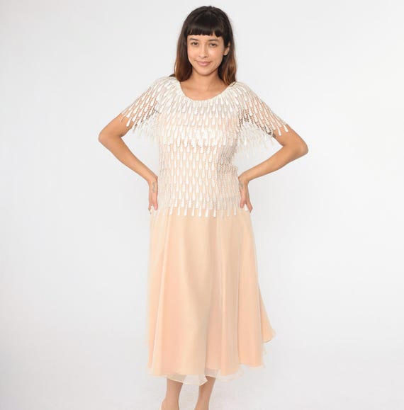 Vintage 70s Peach Dress Sheer Macramé Lace Capelet Chiffon Skirt Cocktail Party Dress Midi Length Formal Gown Union Made Small