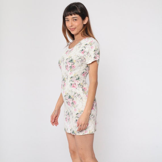 Cream Floral Dress 90s Mini Dress Short Sleeve Ro… - image 5