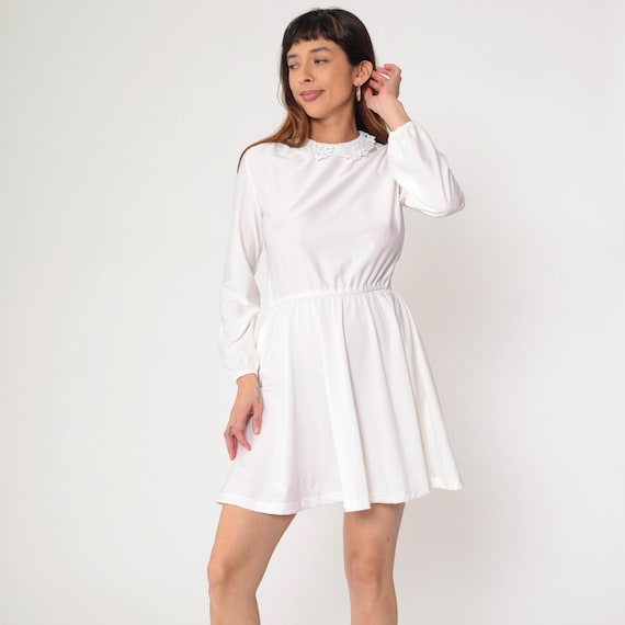 Vintage White Mini Dress 80s Lace Collar Long Sleeve High Waisted Dress 1980s Bohemian Secretary Dress Long Sleeve Small S