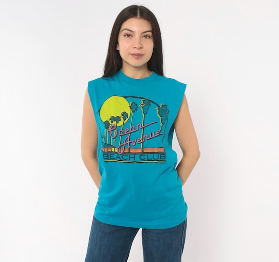Ocean Avenue Beach Club 80s Graphic Tee Teal Palm Tree Sunset Print Surf Tropical Vacation Neon Cotton Short Sleeve Vacation Shirt Small S