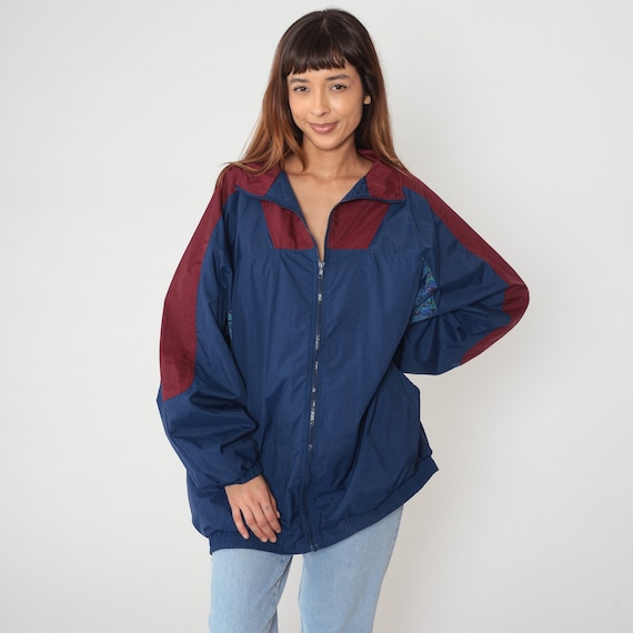 90s Windbreaker Jacket Zip Up Track Jacket Navy Blue Red Color Block Abstract Print Colorblock Retro Vintage 1990s Pro Spirit Extra Large xl