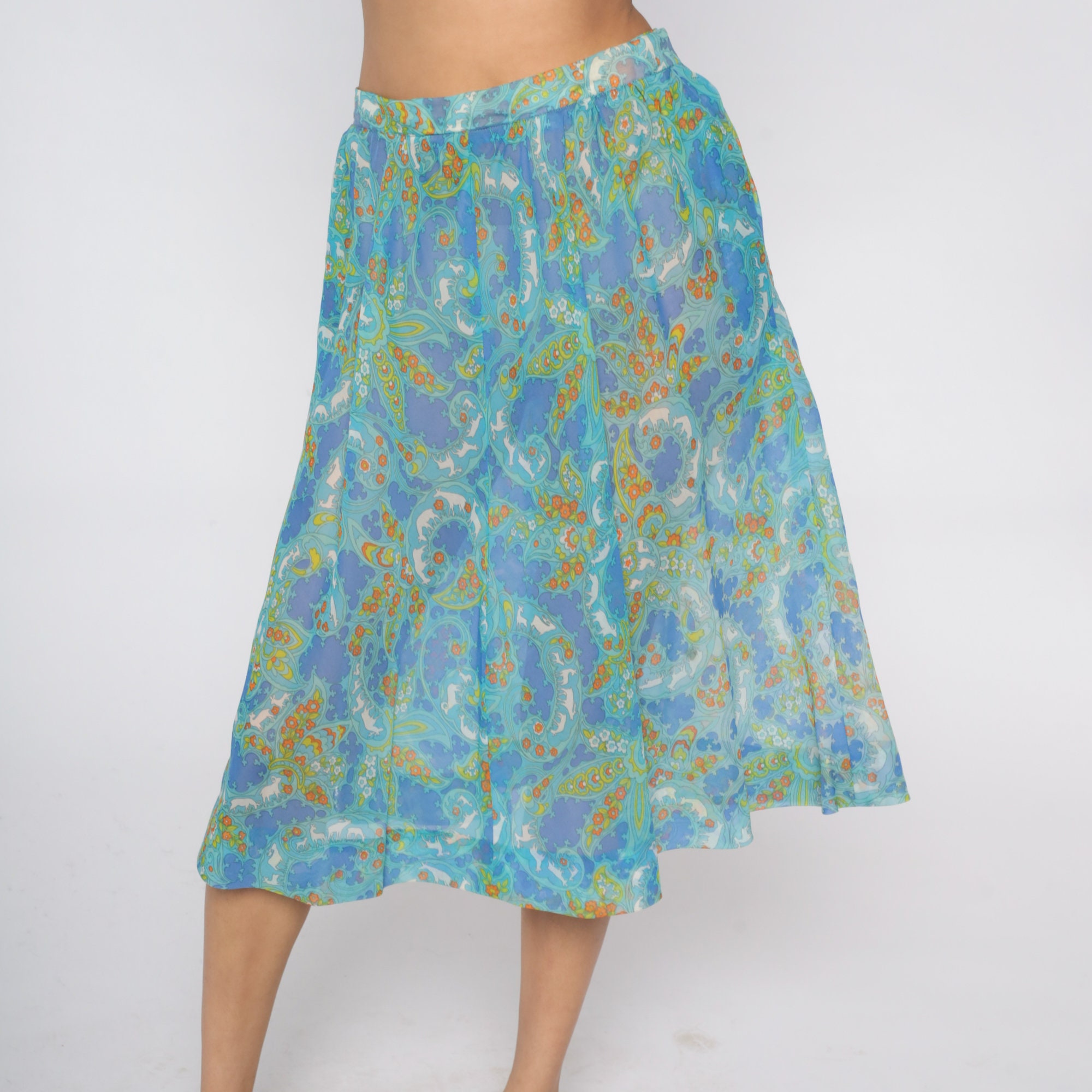 Sheer Floral Skirt Deer Print Bohemian Maxi 70s PSYCHEDELIC Moose ...