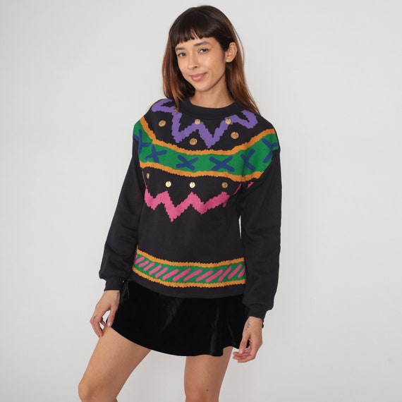 90s Sweatshirt Gold Coin Embellished Sweater Black Abstract Striped Squiggle Zig Zag Print Crewneck Vintage 1990s California Trends Small S