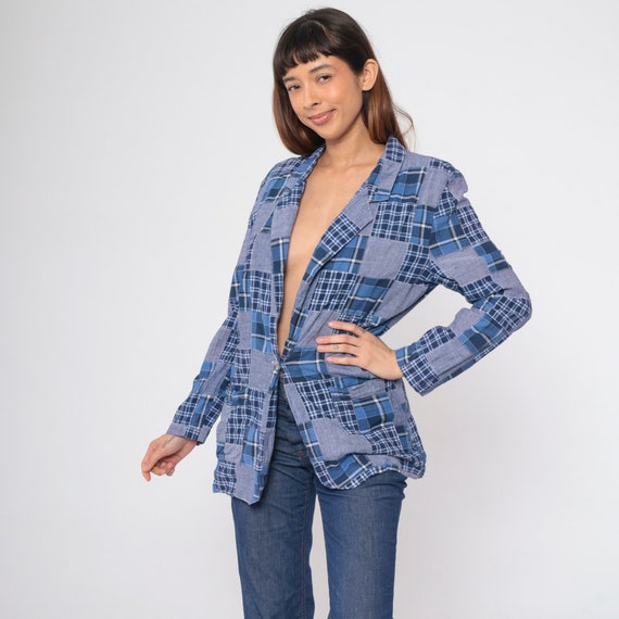 80s Plaid Blazer Blue Patchwork Chambray Jacket C… - image 5