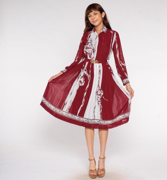 Secretary Dress 80s Red Pleated Midi Dress Floral Abstract Print Button Down Shirtwaist White Brushstroke Pattern Vintage Long Sleeve Small