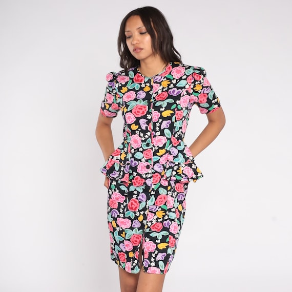 90s Floral Peplum Dress Black Bold Print Puff Sleeve Button Front Structured Waist Cotton Bodycon Midi Party Spring Summer Garden Small