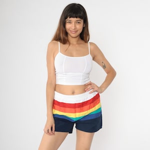 Vintage Rainbow Swim Trunks 80s White Striped Catalina Bathing Suit Shorts Retro Color Block Swimsuit Small Medium