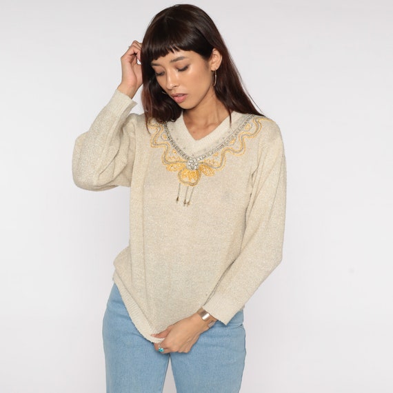 Metallic Beaded Sweater Cream 80s Necklace Sweate… - image 4