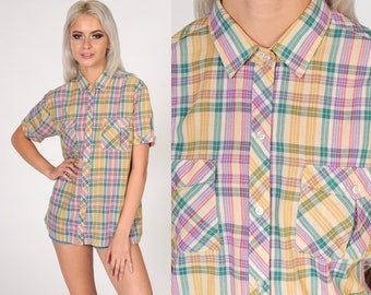 Checkered Blouse 80s Button Up Shirt Yellow Purple Green Plaid Print Retro Preppy Short Sleeve Collared Top Chest Pocket Vintage 1980s Small