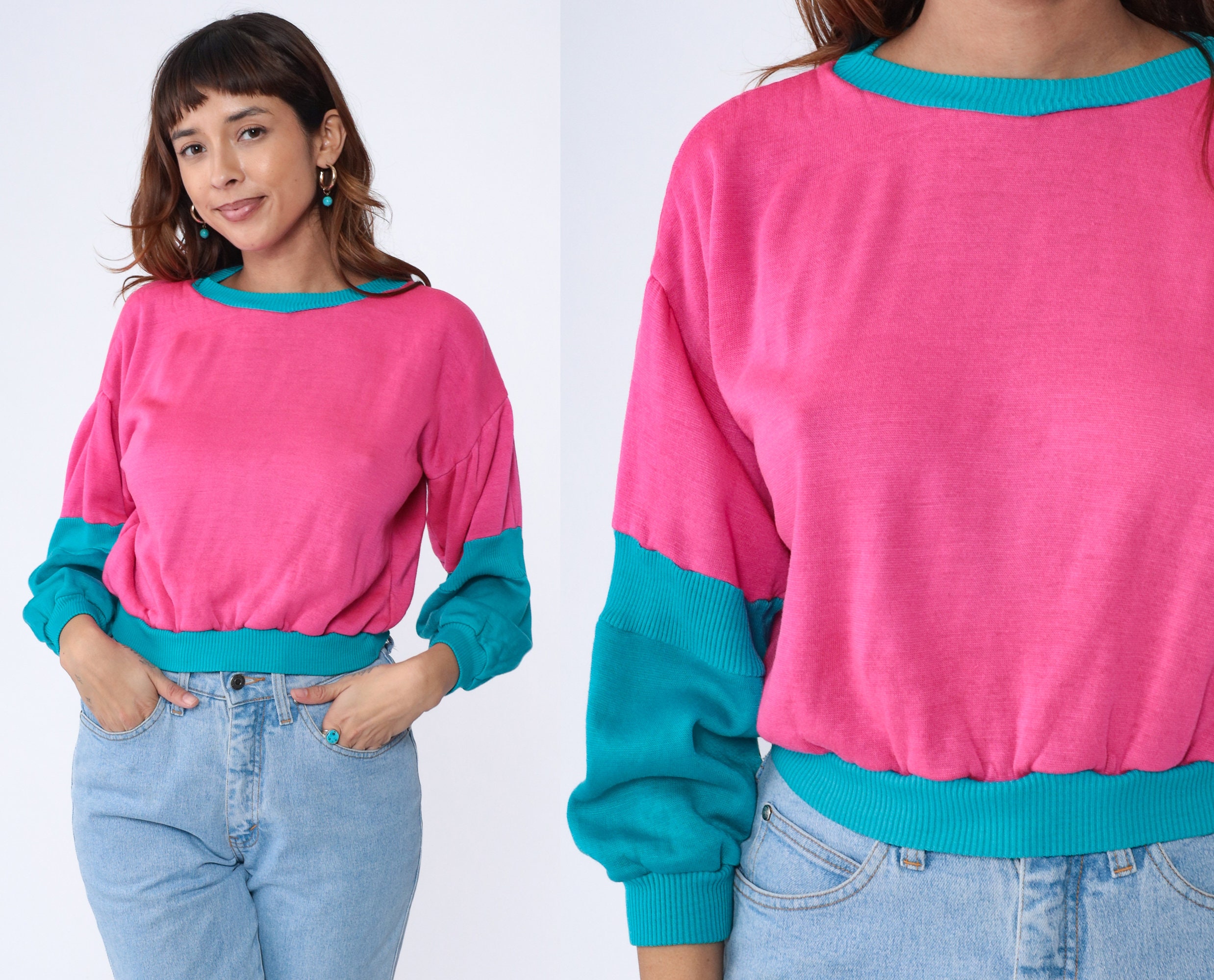 90s Color Block Sweatshirt Hot Pink Turquoise Blue Sweater Neon Ringer Sportswear Crewneck Pullover 1990s Vintage Athleisure Small xs s