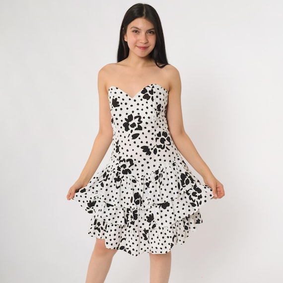 Strapless Party Dress 80s Black White Polka Dot Floral Print Sweetheart Neckline Tiered Ruffle Skirt Cocktail Mini Rampage USA Small S
