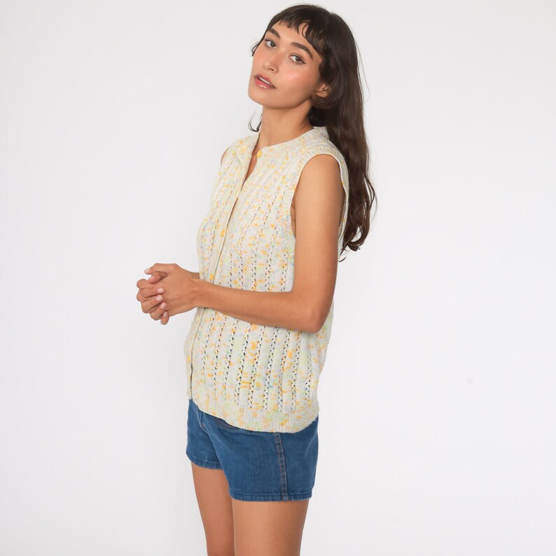 Flecked Sweater Vest Top Confetti Button up Sweater 80s Boho Knit Hippie Top Vintage Pointelle Grandma Sweater Granny Sleeveless Small S