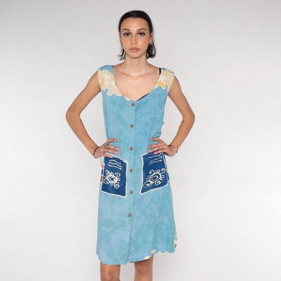 Blue Mini Dress Y2k Boho Button up Day Dress Abstract Eye Print Sundress Sleeveless Casual Summer Tank Shift Vintage 00s Extra Large xl