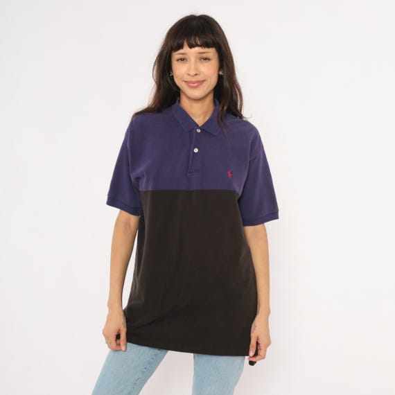 90s Ralph Lauren Polo Color Block Purple Black Two Tone Cotton Short Sleeve Collegiate Preppy Pique Knit Vintage Shirt Top Tee Large L