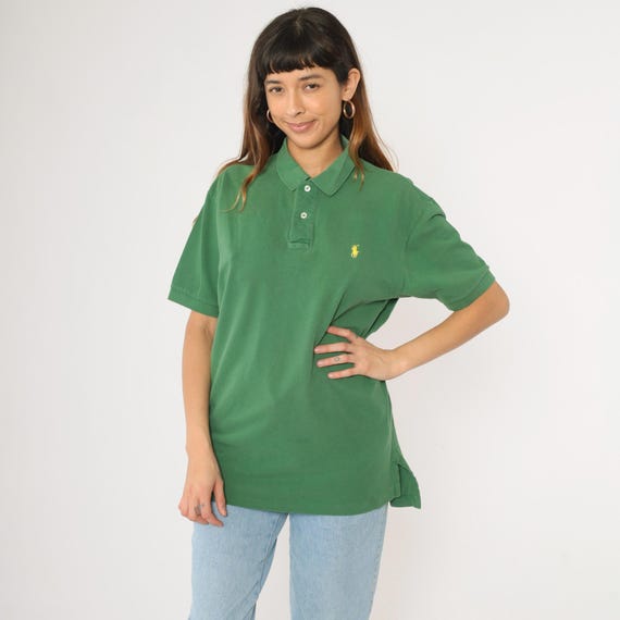 90s Ralph Lauren Polo Shirt Green Collared Shirt Quarter Button Up T-shirt Retro RLP Preppy Short Sleeve Top Cotton Vintage 1990s Large L
