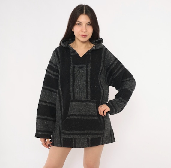 Y2K Baja Hoodie Black Grey Striped Drug Rug Mexican Cotton Hooded Woven Kangaroo Pocket Long Sleeve Surf Skate Stoner Vintage Extra Large XL