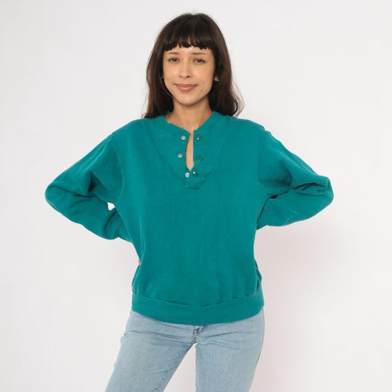 Teal Henley Sweatshirt 80s Snap Button Pullover Ribbed Placket V Neck Bib Cotton Unisex Turquoise Vintage Aqua Crewneck  Long Sleeve Large L