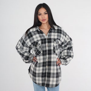 Vintage Plaid Jacket 90s Black White Lined Jacket Button up Retro Lumberjack Checkered Print Streetwear Hiking Warm Shacket 1990s 2xl xxl
